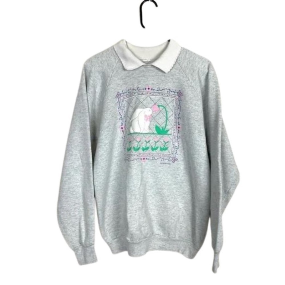 Vintage Easter collared grandma sweater with rabbit graphic novelty granny